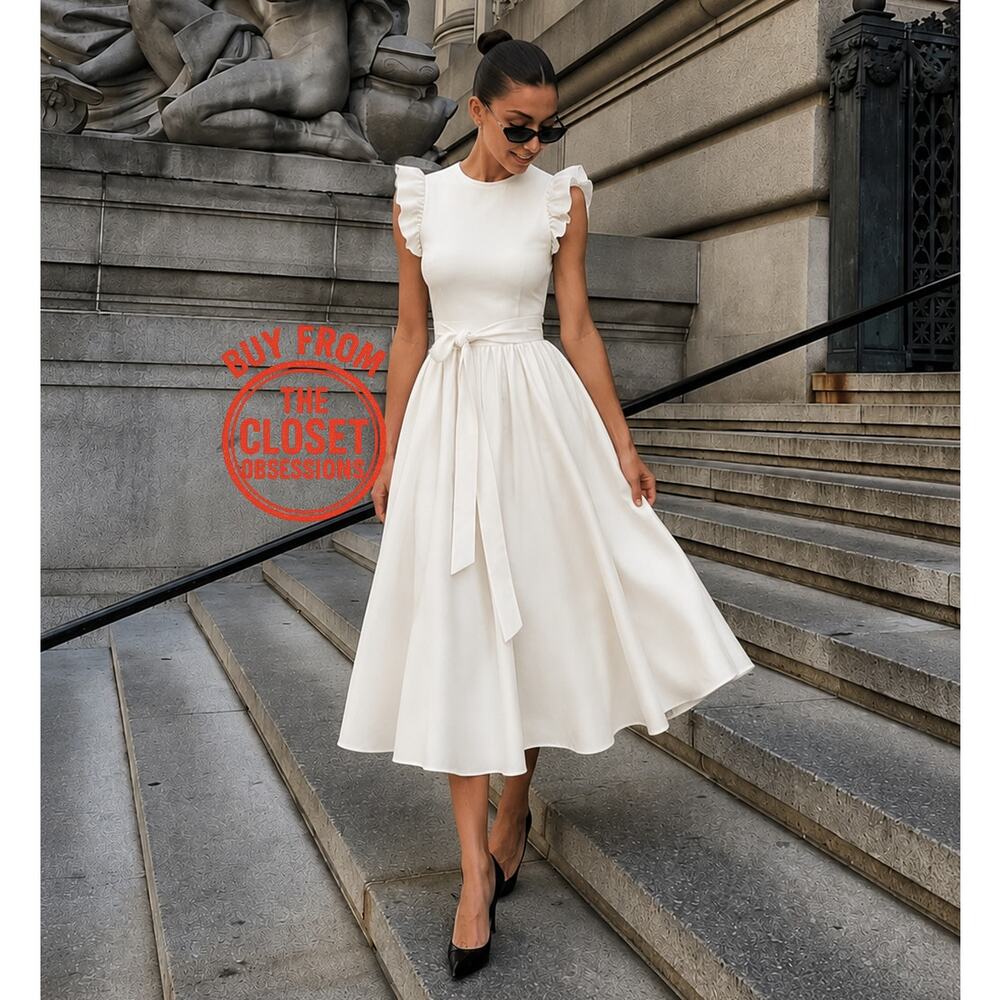 ZARA Ruffled Midi Dress NWT | Ecru Cotton Fit & Flare Belted Size M/L - Picture 2 of 16